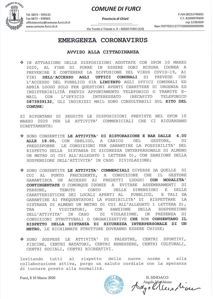 Emergenza Coronavirus - Avviso alla Cittadinanza